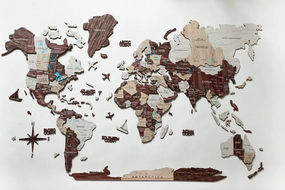 24" X 39" Brown and Beige Wood World Map Hanging Dimensional Sculpture - NOBLE HOME INTERIORS