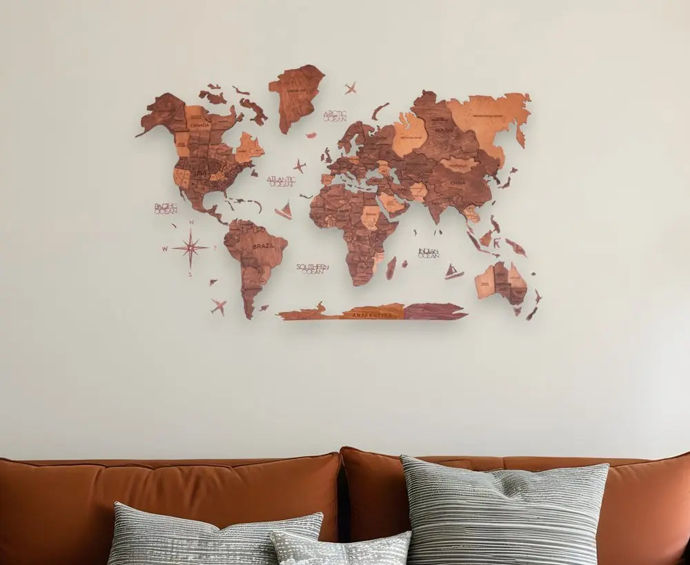 24" X 39" Brown and Tan Wood World Map Hanging Dimensional Sculpture - NOBLE HOME INTERIORS