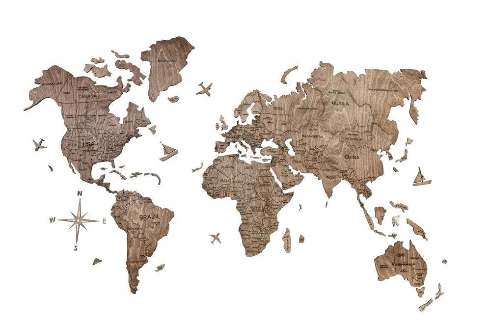 24" X 39" Brown Wood World Map Hanging Dimensional Sculpture - NOBLE HOME INTERIORS