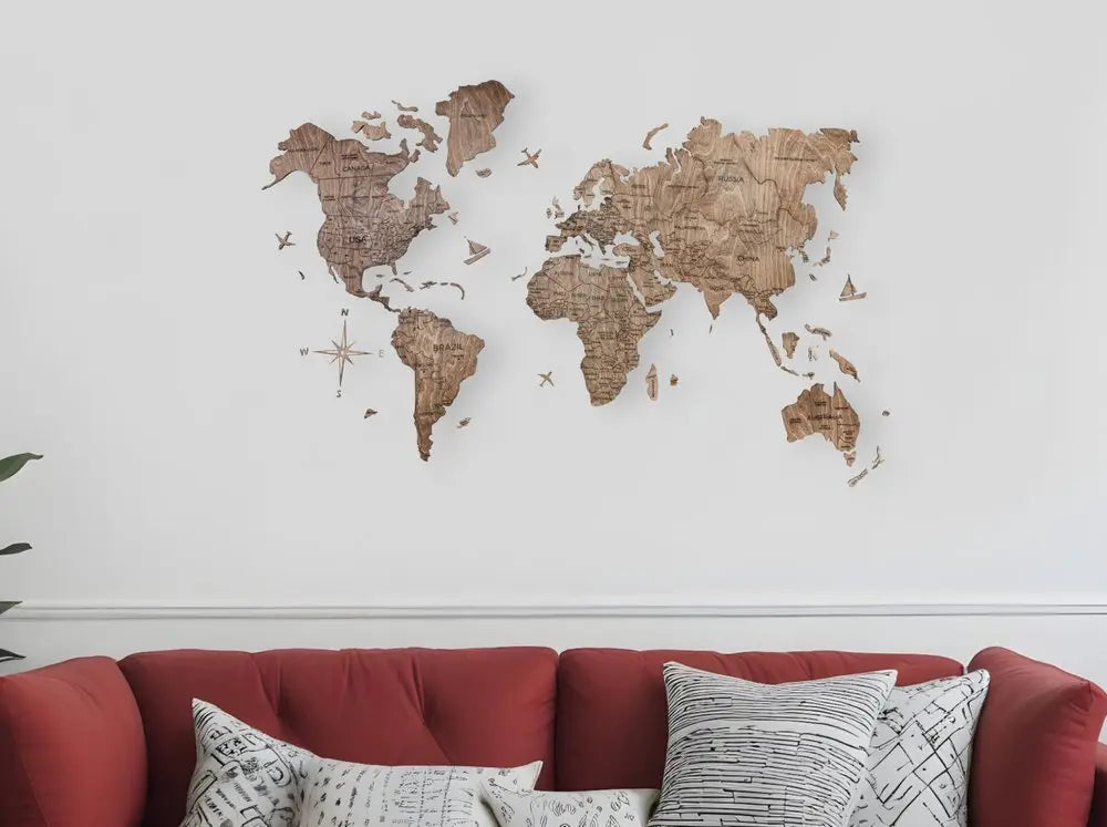 24" X 39" Brown Wood World Map Hanging Dimensional Sculpture - NOBLE HOME INTERIORS