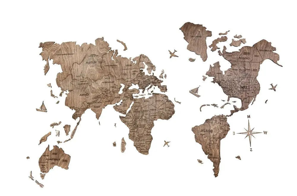 24" X 39" Brown Wood World Map Hanging Dimensional Sculpture - NOBLE HOME INTERIORS