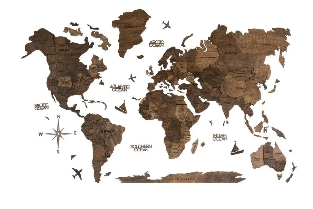24" X 39" Brown Wood World Map Hanging Dimensional Sculpture - NOBLE HOME INTERIORS