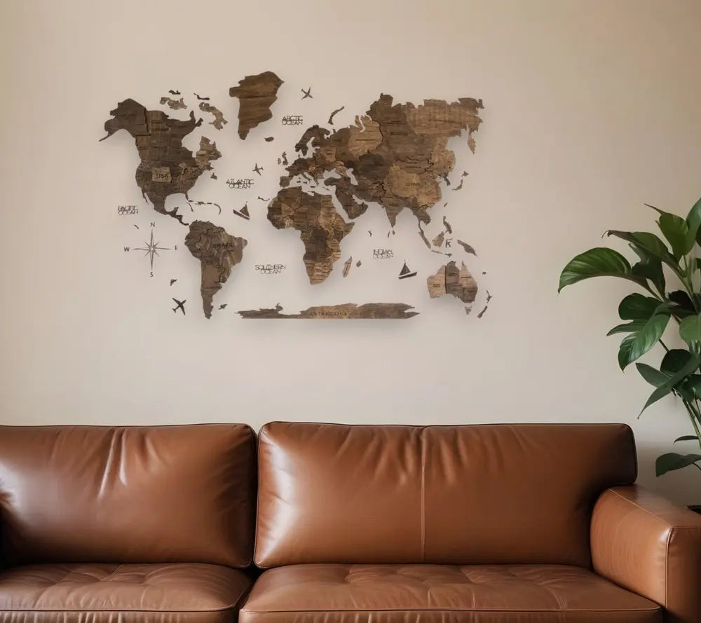 24" X 39" Brown Wood World Map Hanging Dimensional Sculpture - NOBLE HOME INTERIORS