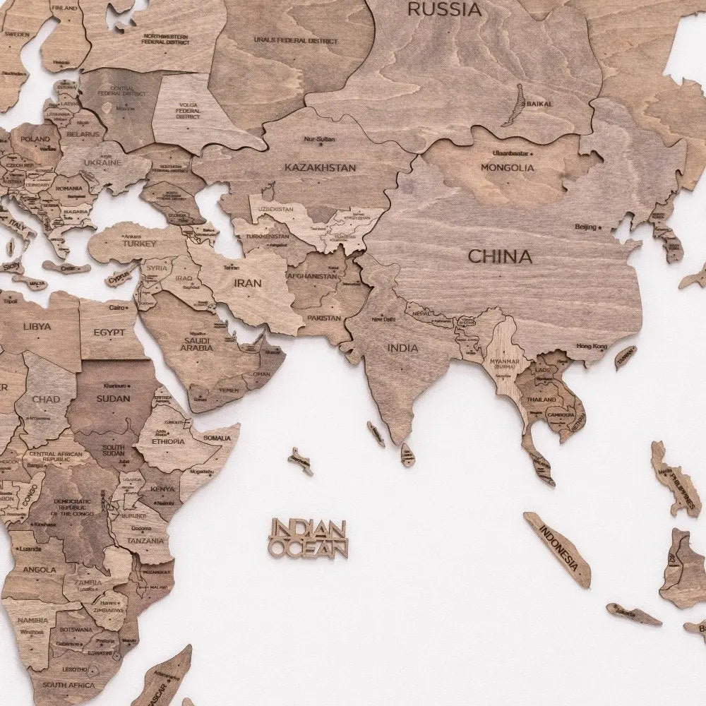 24" X 39" Wood Brown Wood World Map Hanging Dimensional Sculpture - NOBLE HOME INTERIORS