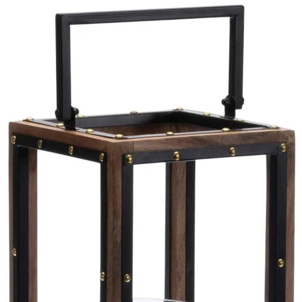 25" Black And Brown Metal And Solid Wood Tabletop Lantern Candle Holder HomeRoots