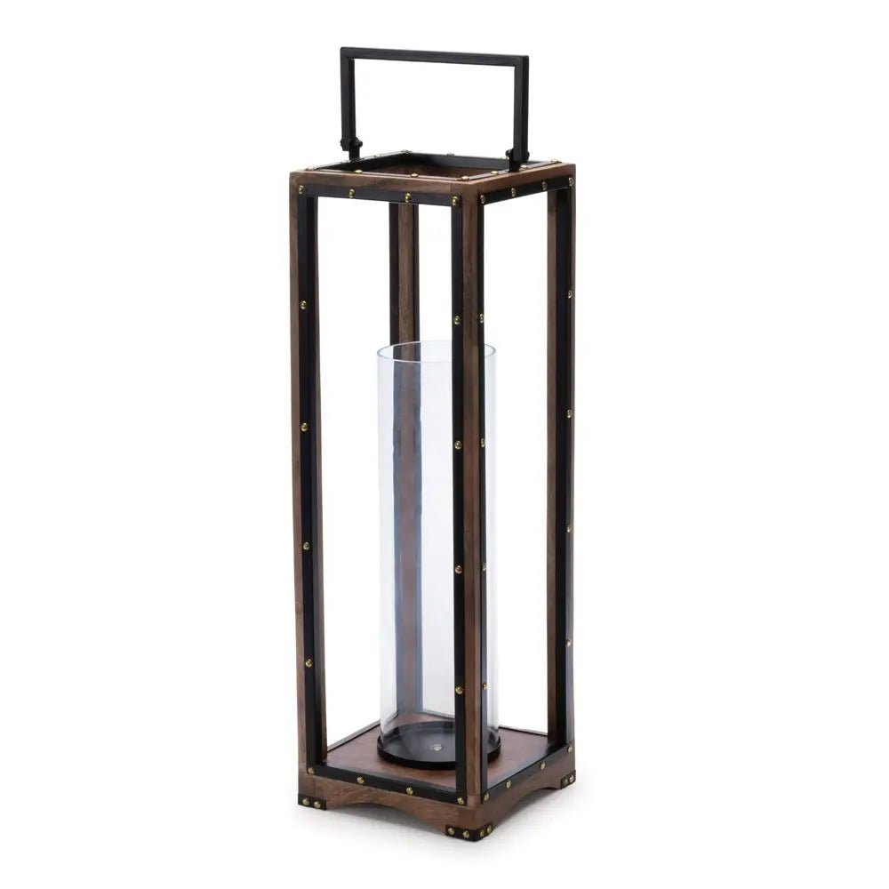 25" Black And Brown Metal And Solid Wood Tabletop Lantern Candle Holder HomeRoots