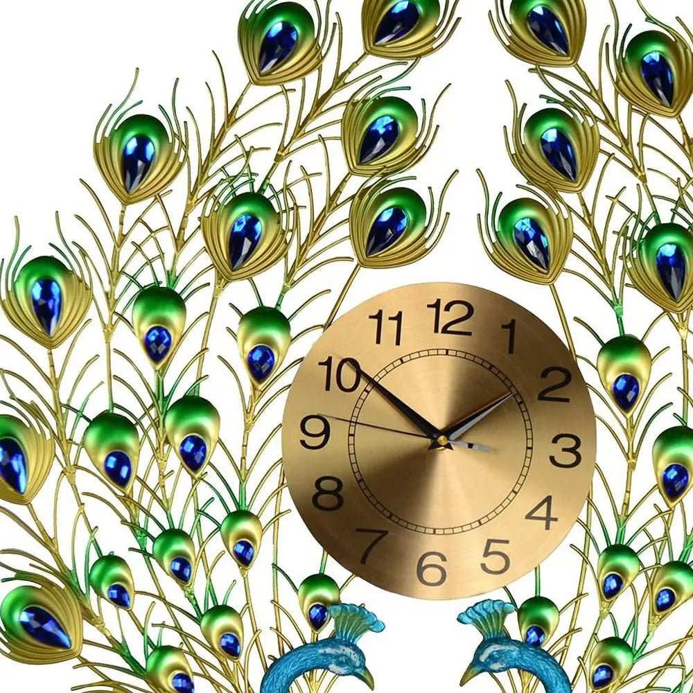 25" Blue Green And Gold Metal Silent Analog Peacock Novelty Wall Clock HomeRoots