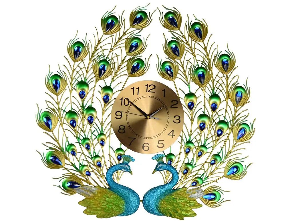 25" Blue Green And Gold Metal Silent Analog Peacock Novelty Wall Clock HomeRoots