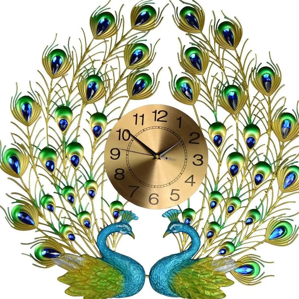 25" Blue Green And Gold Metal Silent Analog Peacock Novelty Wall Clock HomeRoots