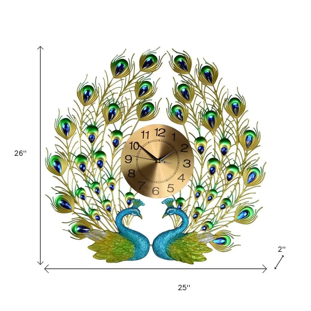 25" Blue Green And Gold Metal Silent Analog Peacock Novelty Wall Clock HomeRoots