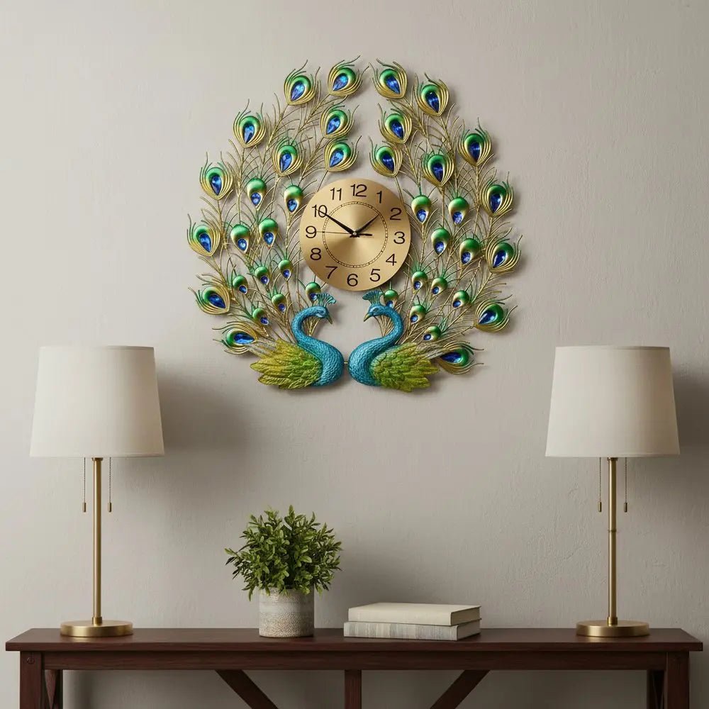 25" Blue Green And Gold Metal Silent Analog Peacock Novelty Wall Clock HomeRoots