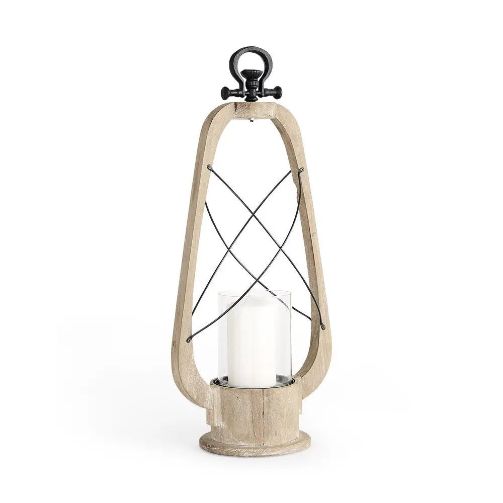 25" Brown Distressed Abstract Solid Wood And Metal Tabletop Lantern Candle Holder HomeRoots