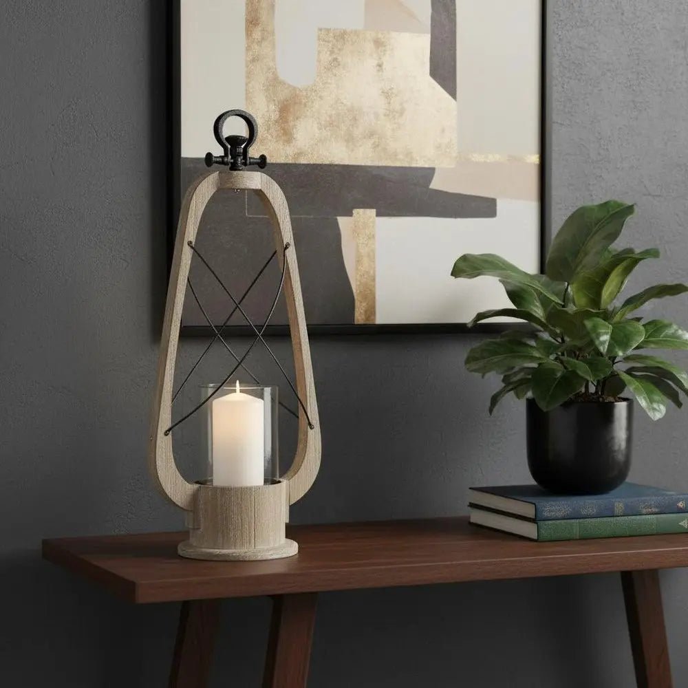 25" Brown Distressed Abstract Solid Wood And Metal Tabletop Lantern Candle Holder HomeRoots