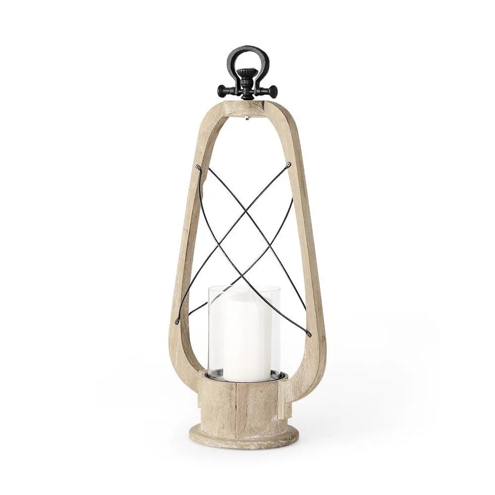 25" Brown Distressed Abstract Solid Wood And Metal Tabletop Lantern Candle Holder HomeRoots