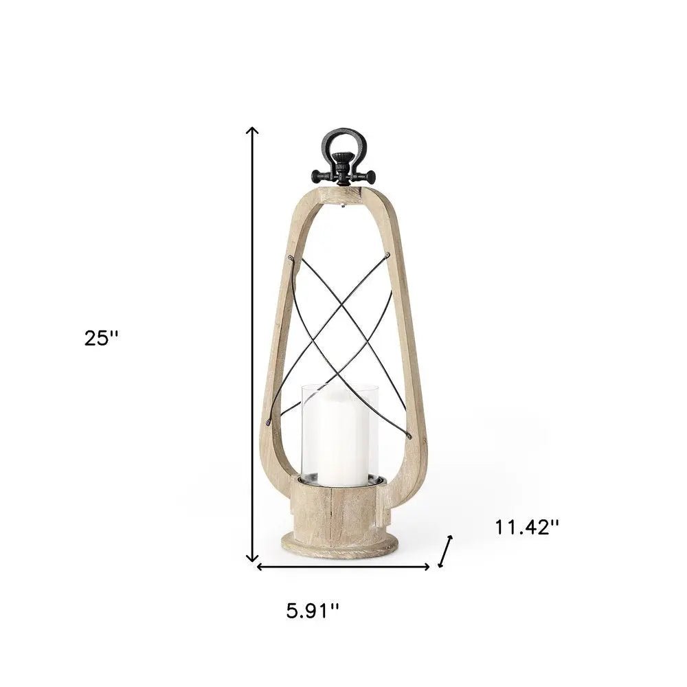 25" Brown Distressed Abstract Solid Wood And Metal Tabletop Lantern Candle Holder HomeRoots