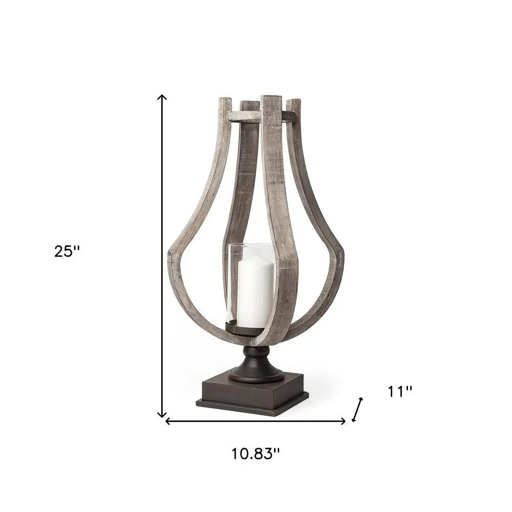 25" Brown Distressed Geometric Solid Wood Metal And Glass Tabletop Hurricane Candle Holder HomeRoots