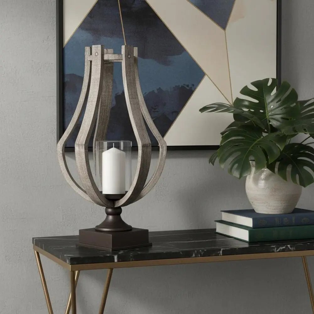 25" Brown Distressed Geometric Solid Wood Metal And Glass Tabletop Hurricane Candle Holder HomeRoots