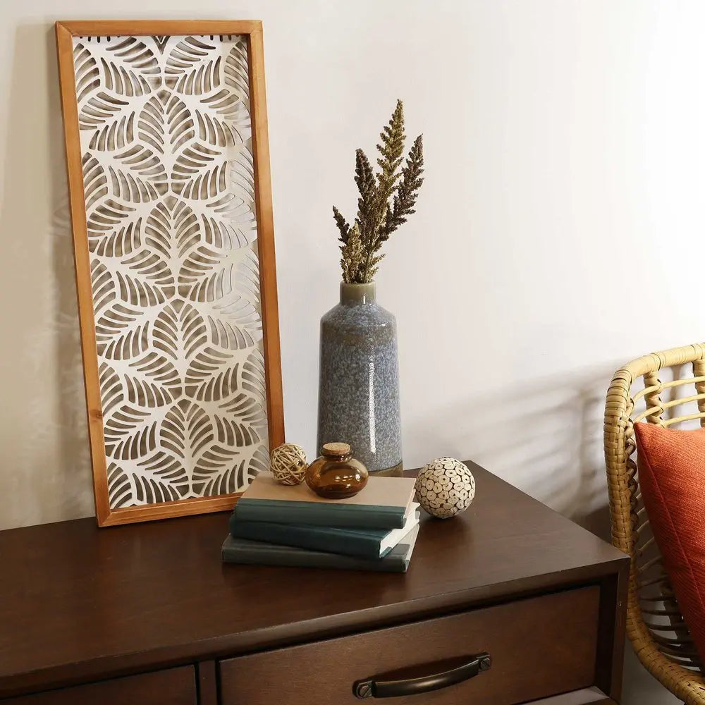 25" X 10" White and Natural Leaf Floral Wood and Metal Wall Decor - NOBLE HOME INTERIORS