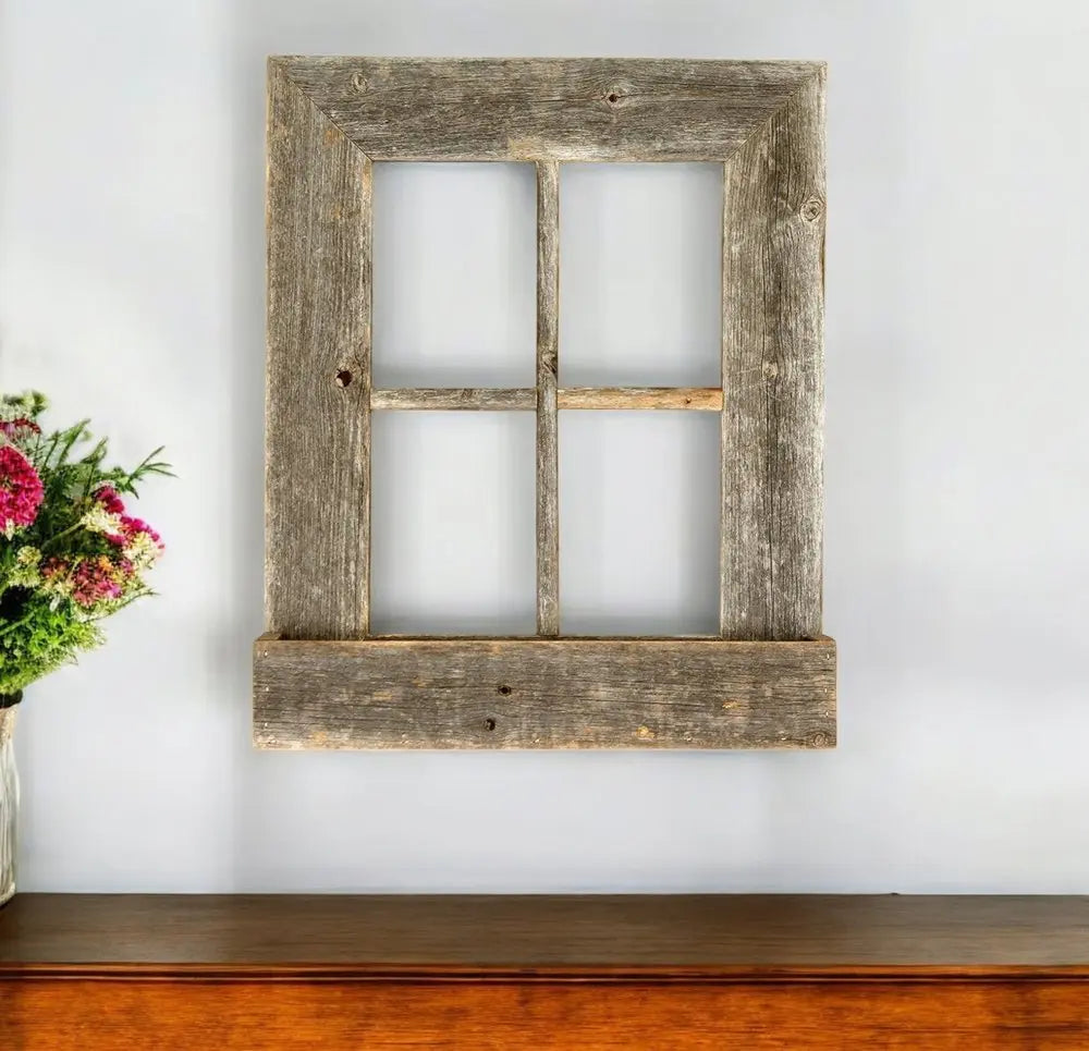 25" X 22" Gray Weathered Wood Window Frame With Planter - NOBLE HOME INTERIORS