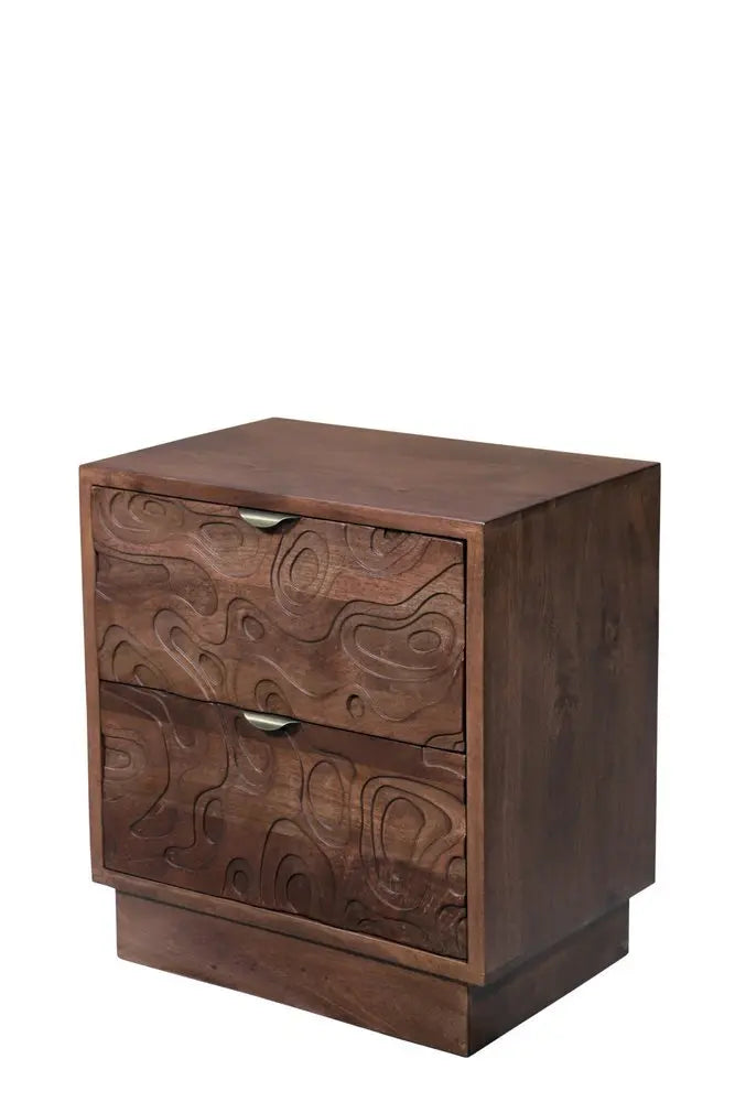 26" Brown Solid Wood Carved Abstract Two Drawer Nightstand - NOBLE HOME INTERIORS