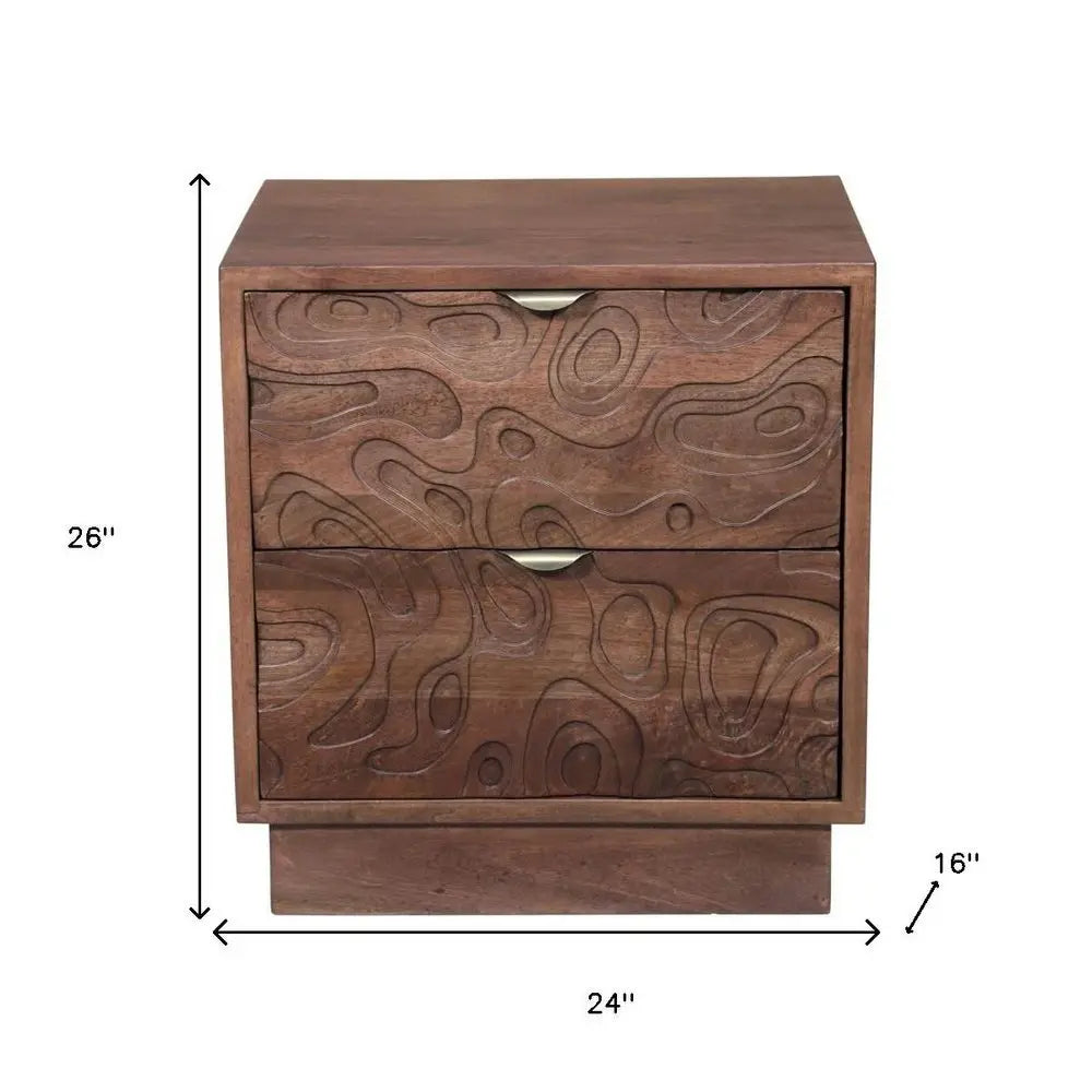 26" Brown Solid Wood Carved Abstract Two Drawer Nightstand - NOBLE HOME INTERIORS