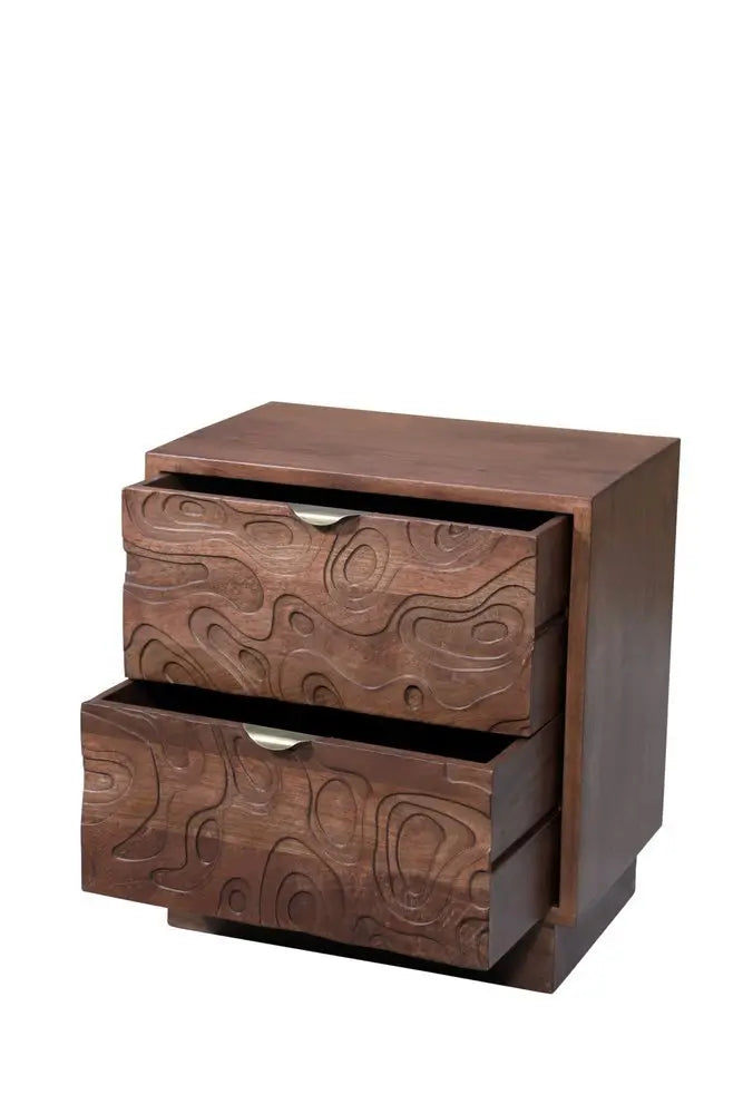 26" Brown Solid Wood Carved Abstract Two Drawer Nightstand - NOBLE HOME INTERIORS