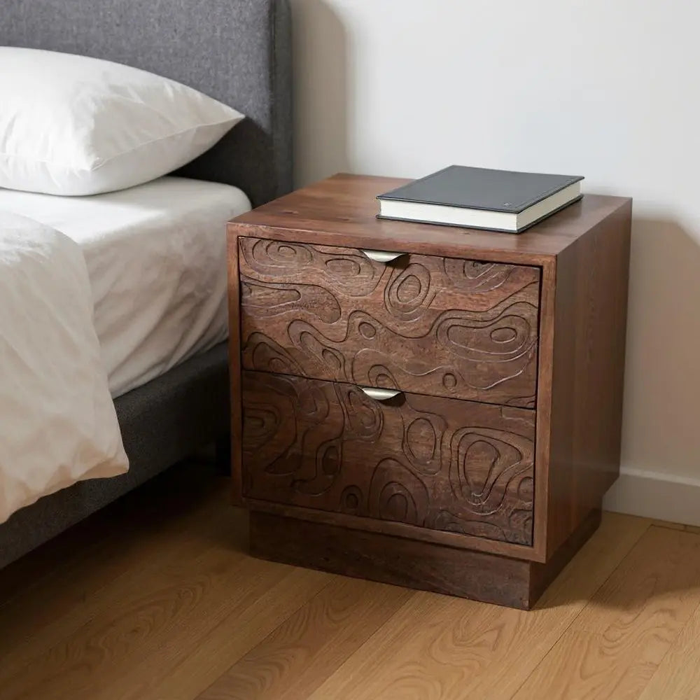 26" Brown Solid Wood Carved Abstract Two Drawer Nightstand - NOBLE HOME INTERIORS