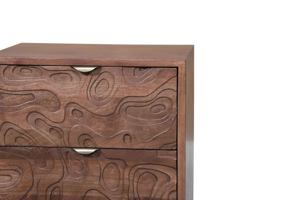 26" Brown Solid Wood Carved Abstract Two Drawer Nightstand - NOBLE HOME INTERIORS