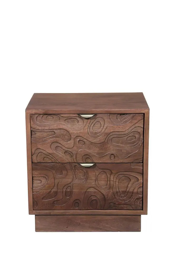 26" Brown Solid Wood Carved Abstract Two Drawer Nightstand - NOBLE HOME INTERIORS