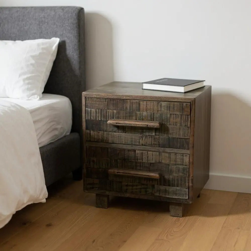 26" Brown Solid Wood Carved Geometric Two Drawer Nightstand - NOBLE HOME INTERIORS