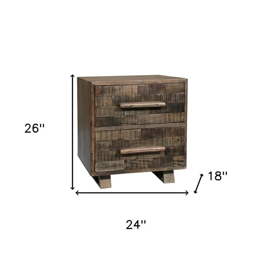 26" Brown Solid Wood Carved Geometric Two Drawer Nightstand - NOBLE HOME INTERIORS