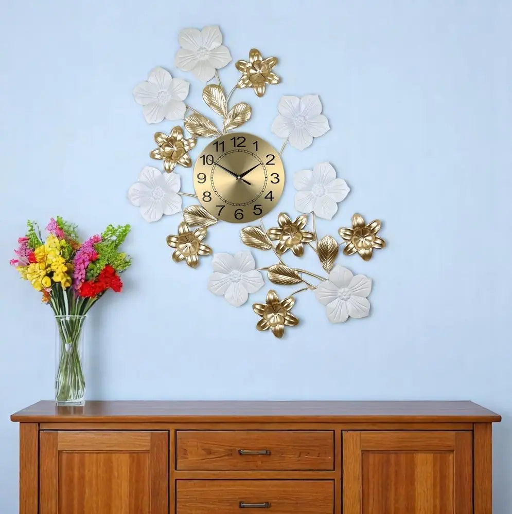 26" Gold White And Black Metal Silent Analog Floral Wall Clock - NOBLE HOME INTERIORS