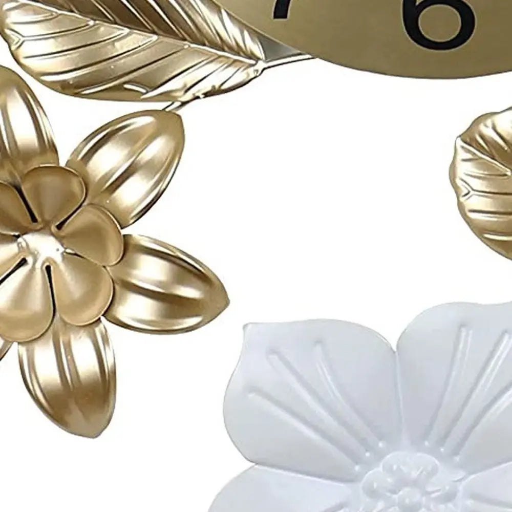 26" Gold White And Black Metal Silent Analog Floral Wall Clock - NOBLE HOME INTERIORS