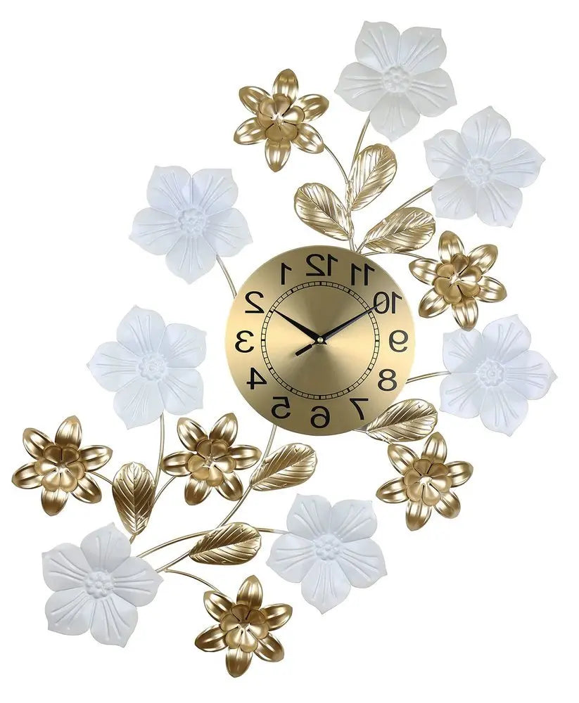 26" Gold White And Black Metal Silent Analog Floral Wall Clock - NOBLE HOME INTERIORS