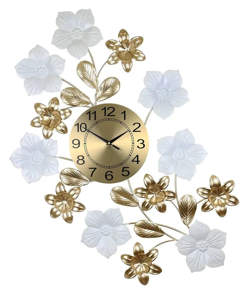 26" Gold White And Black Metal Silent Analog Floral Wall Clock - NOBLE HOME INTERIORS