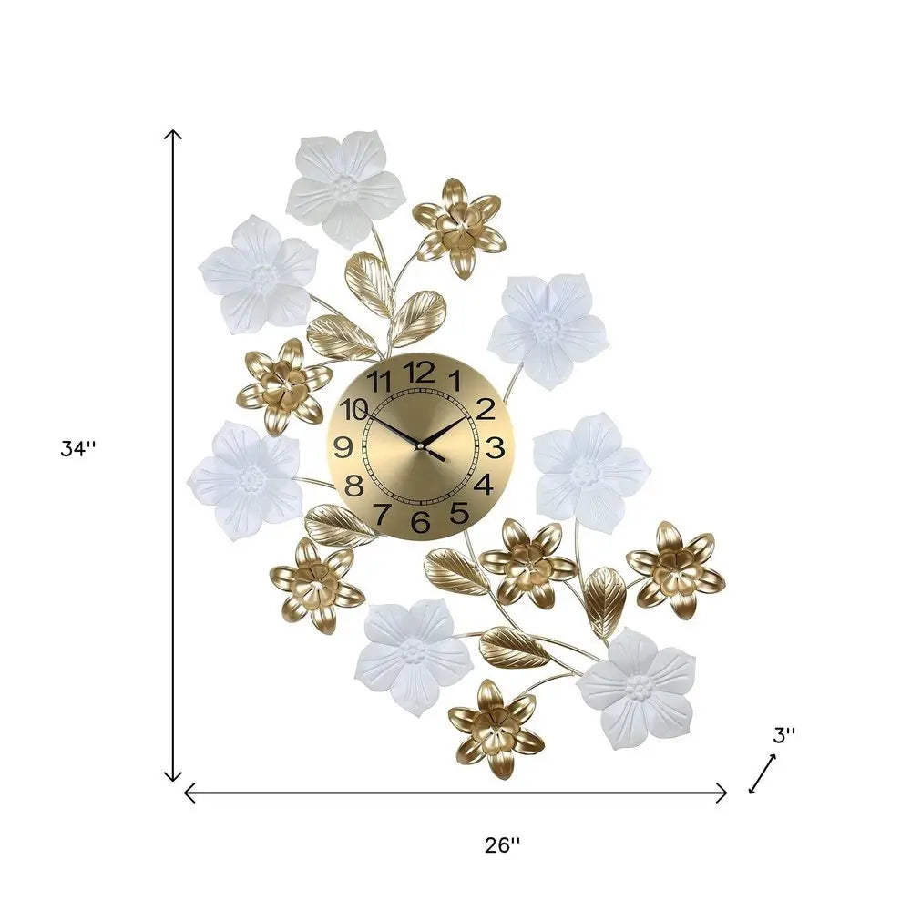 26" Gold White And Black Metal Silent Analog Floral Wall Clock - NOBLE HOME INTERIORS