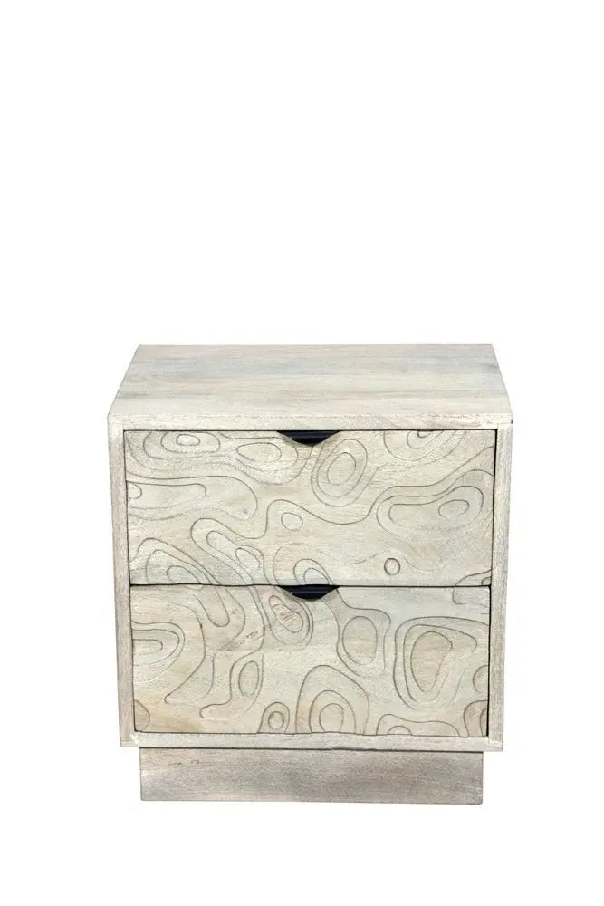 26" Gray Solid Wood Carved Abstract Two Drawer Nightstand - NOBLE HOME INTERIORS