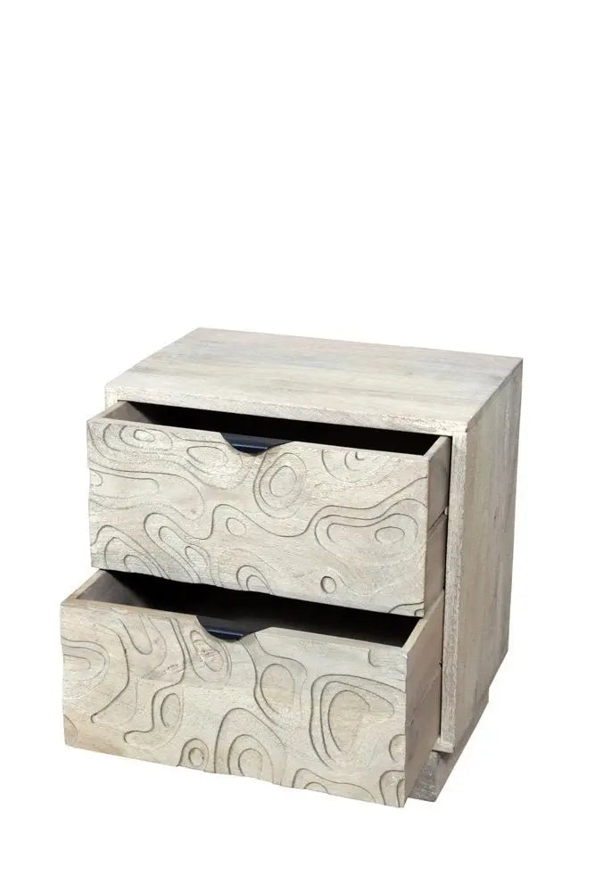 26" Gray Solid Wood Carved Abstract Two Drawer Nightstand - NOBLE HOME INTERIORS