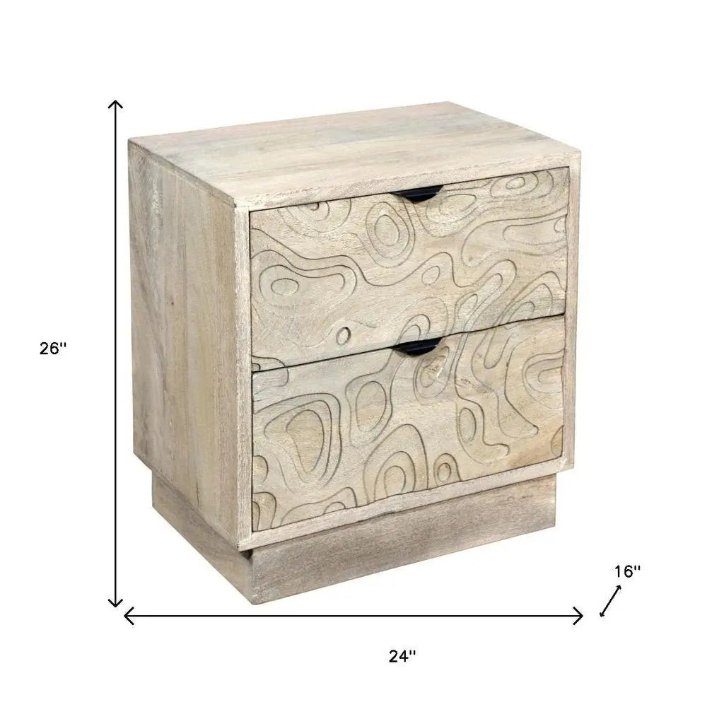 26" Gray Solid Wood Carved Abstract Two Drawer Nightstand - NOBLE HOME INTERIORS