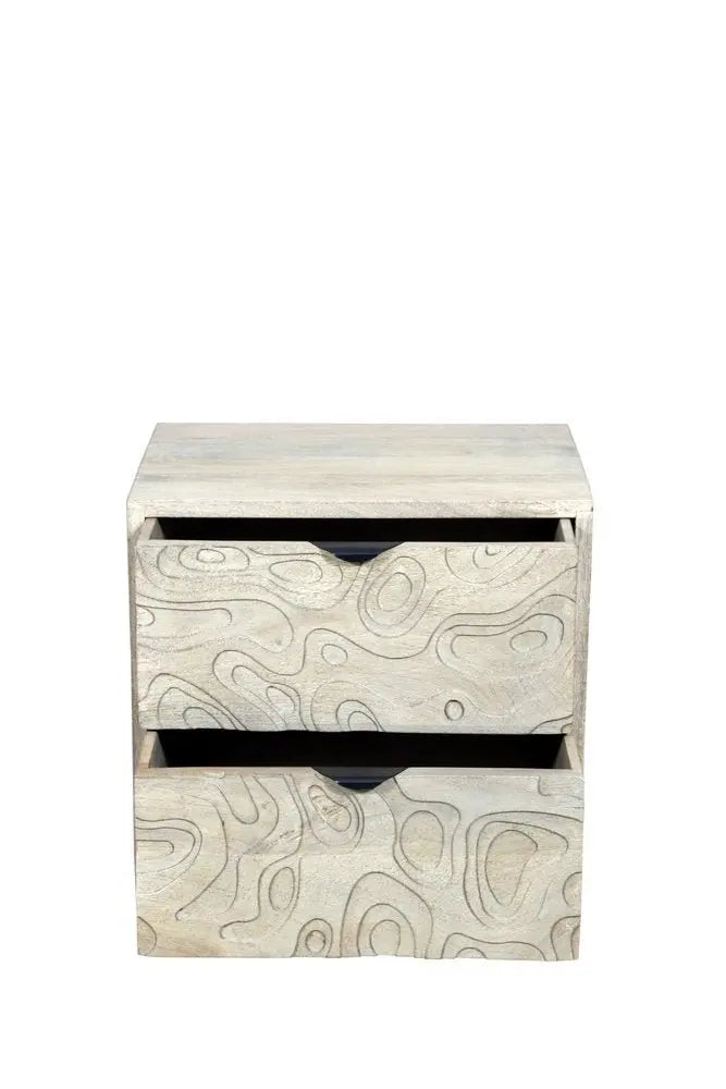 26" Gray Solid Wood Carved Abstract Two Drawer Nightstand - NOBLE HOME INTERIORS