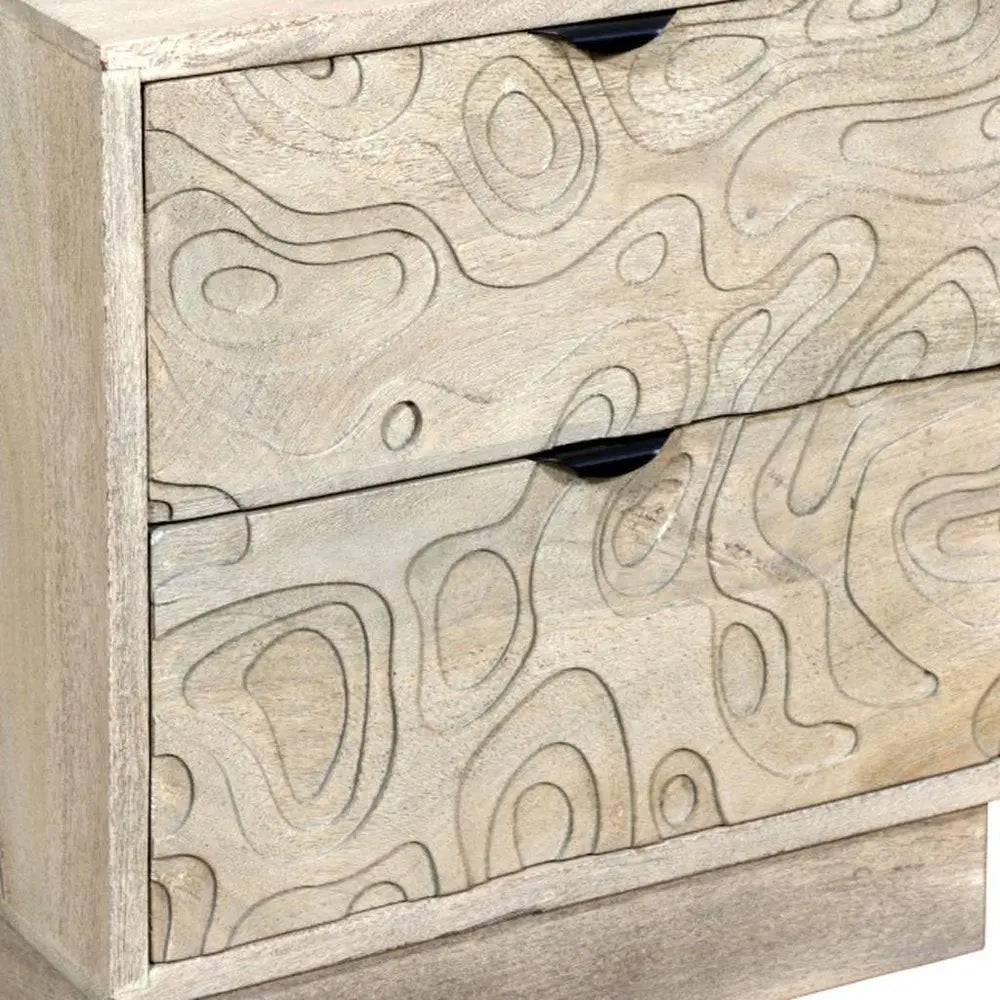 26" Gray Solid Wood Carved Abstract Two Drawer Nightstand - NOBLE HOME INTERIORS