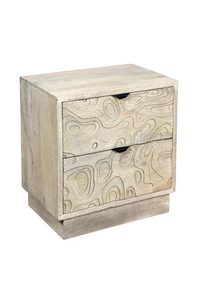 26" Gray Solid Wood Carved Abstract Two Drawer Nightstand - NOBLE HOME INTERIORS
