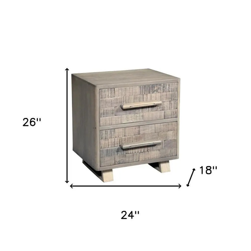 26" Gray Solid Wood Carved Geometric Two Drawer Nightstand - NOBLE HOME INTERIORS
