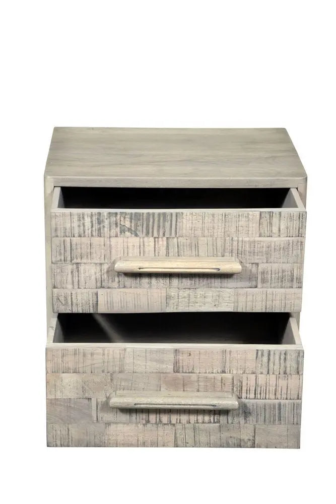 26" Gray Solid Wood Carved Geometric Two Drawer Nightstand - NOBLE HOME INTERIORS