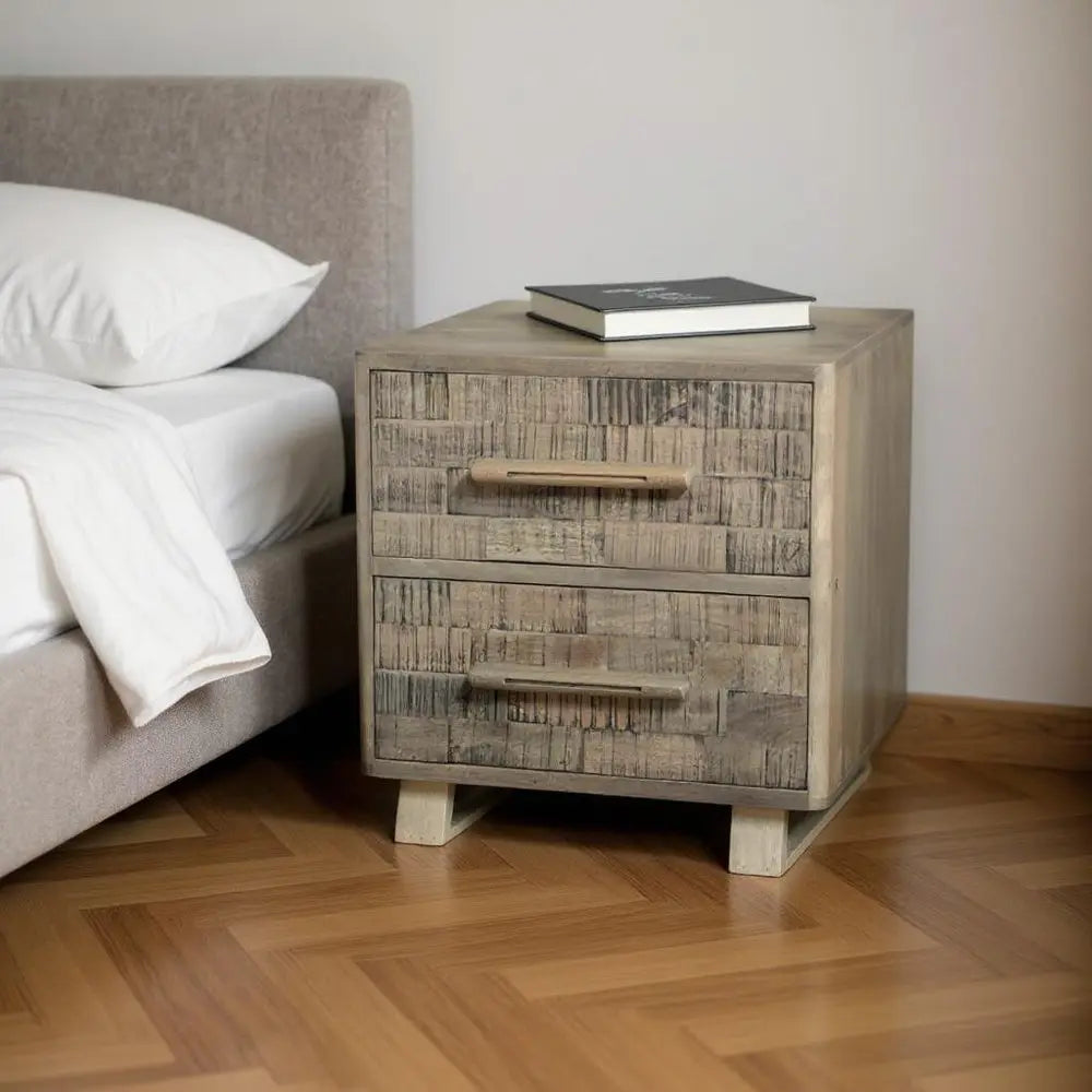 26" Gray Solid Wood Carved Geometric Two Drawer Nightstand - NOBLE HOME INTERIORS