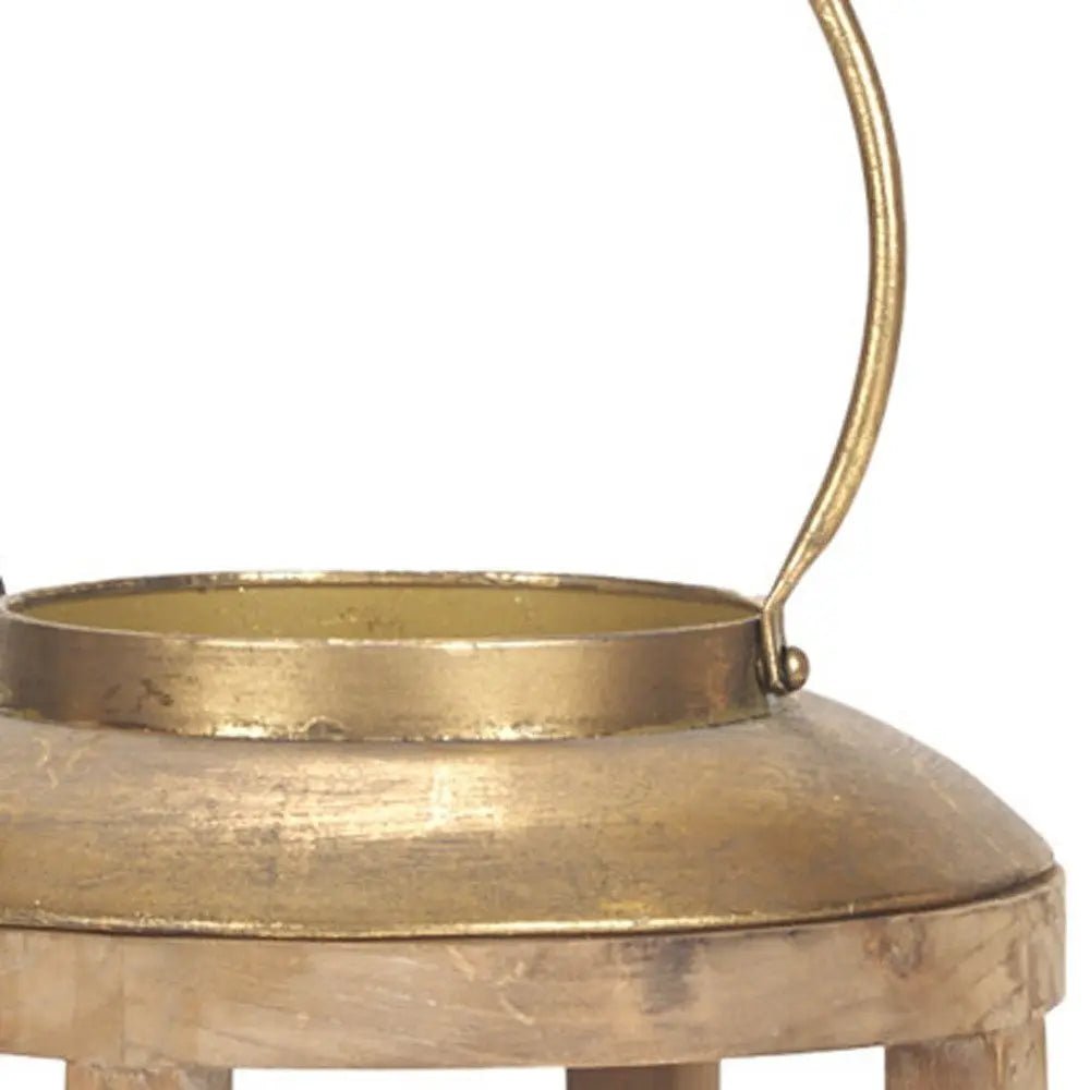 26" Natural And Bronze Distressed Geometric Solid Wood And Metal Tabletop Lantern Candle Holder HomeRoots