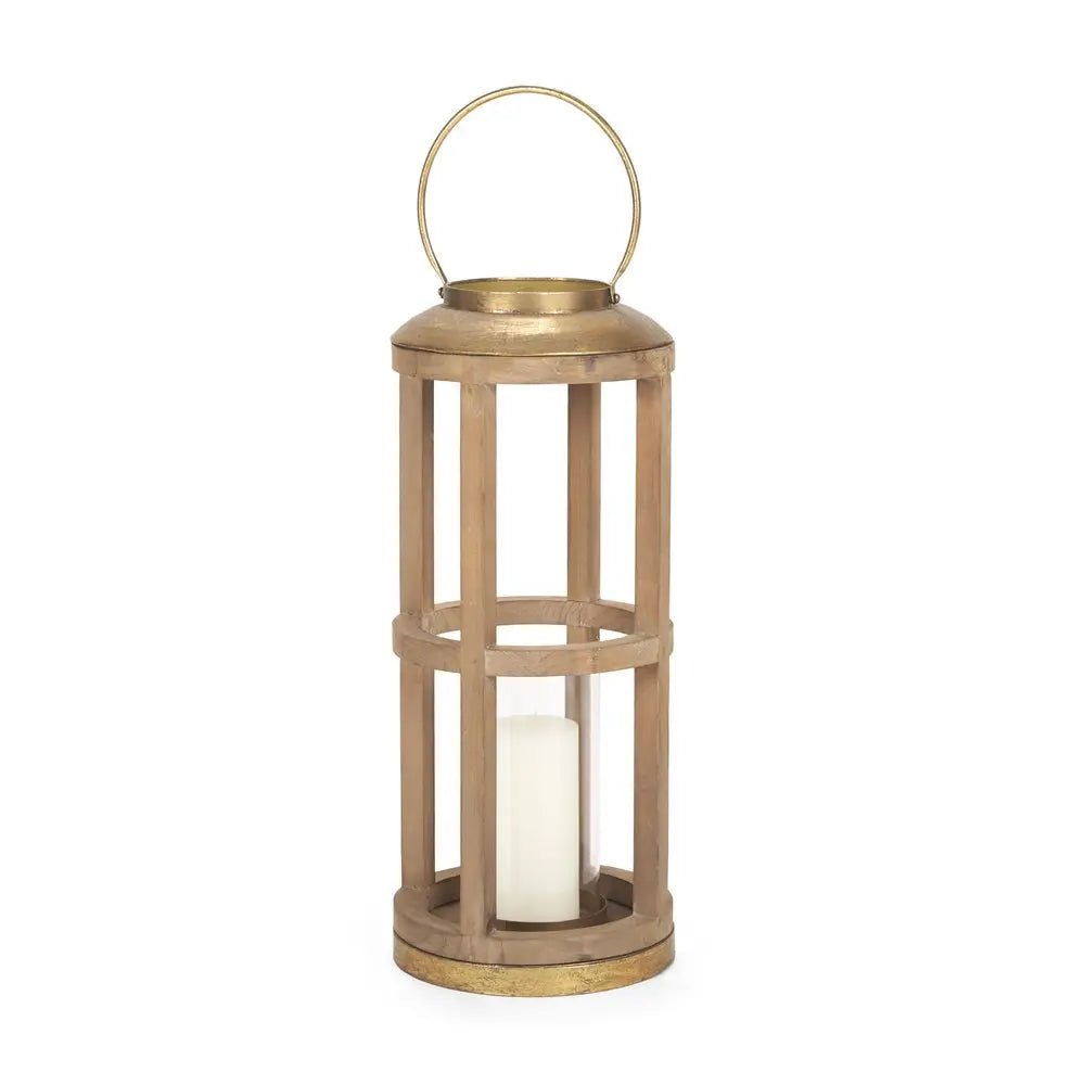 26" Natural And Bronze Distressed Geometric Solid Wood And Metal Tabletop Lantern Candle Holder HomeRoots