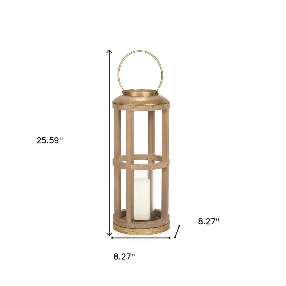 26" Natural And Bronze Distressed Geometric Solid Wood And Metal Tabletop Lantern Candle Holder HomeRoots