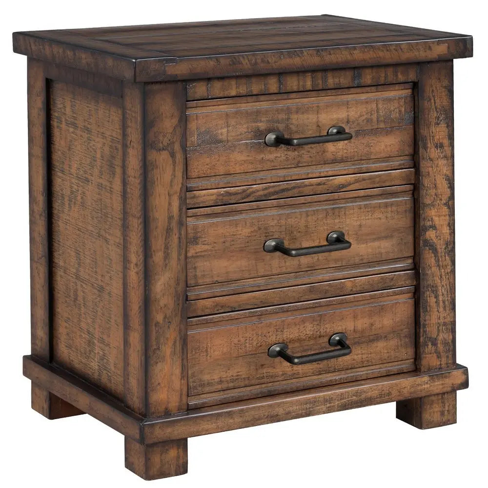26" Walnut Wood Distressed Three Drawer Nightstand - NOBLE HOME INTERIORS