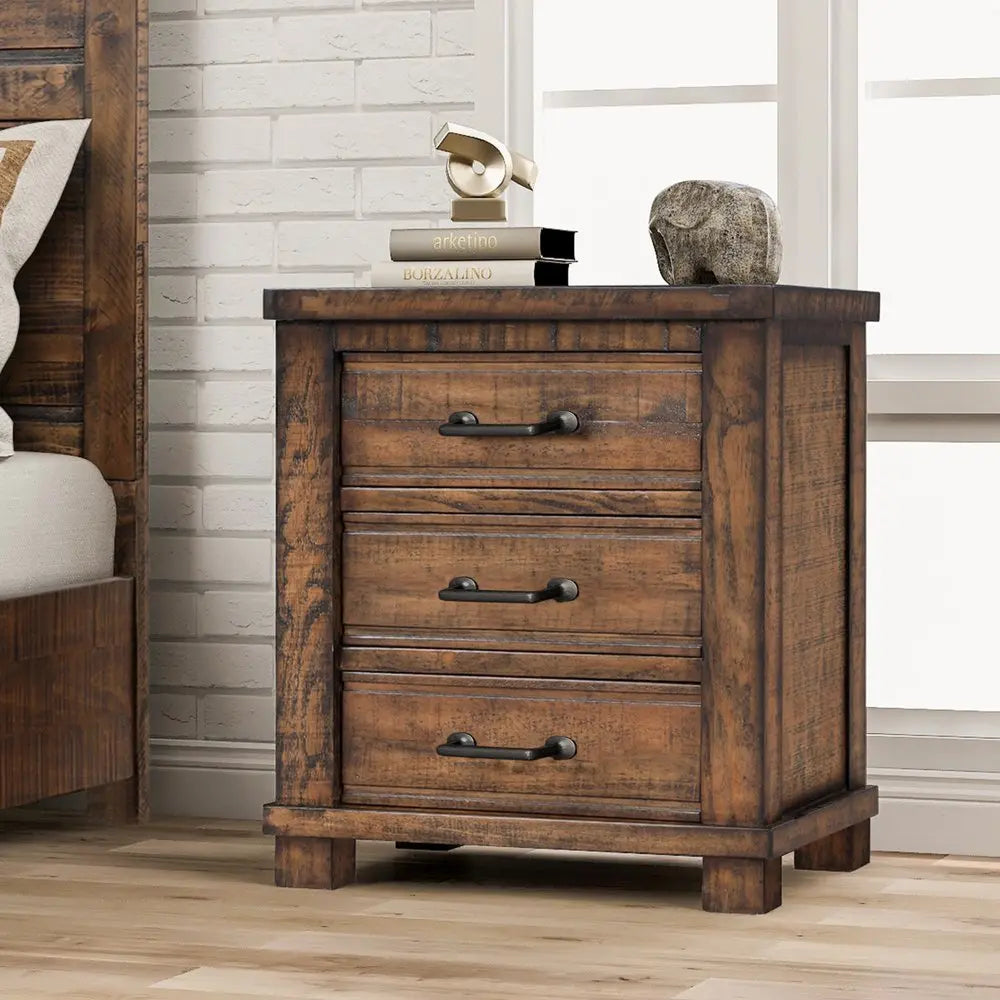 26" Walnut Wood Distressed Three Drawer Nightstand - NOBLE HOME INTERIORS